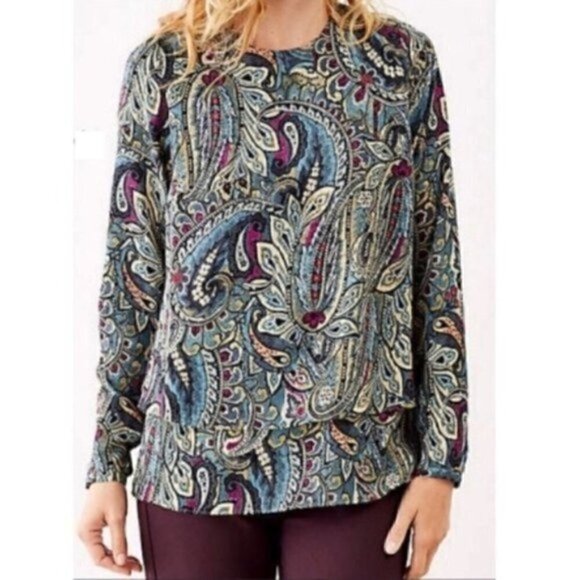 J. Jill Blouse Small Petite Carmine Paisley Layer Long Sleeve Boho 60-70s Print - Picture 1 of 11
